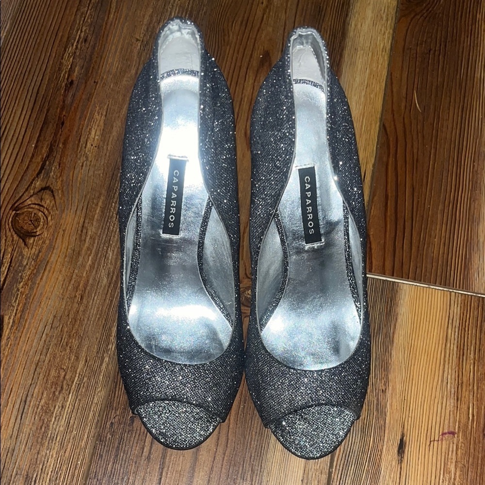 Caparros Women's Black Glitter Peep Toe Heels